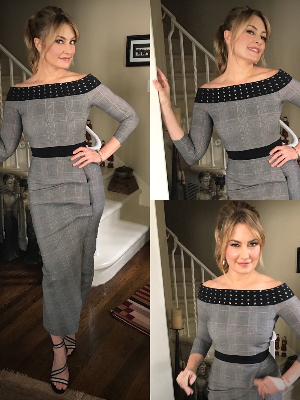 Chiara Boni Off-Shoulder Plaid Midi Dress with Studded Neckline